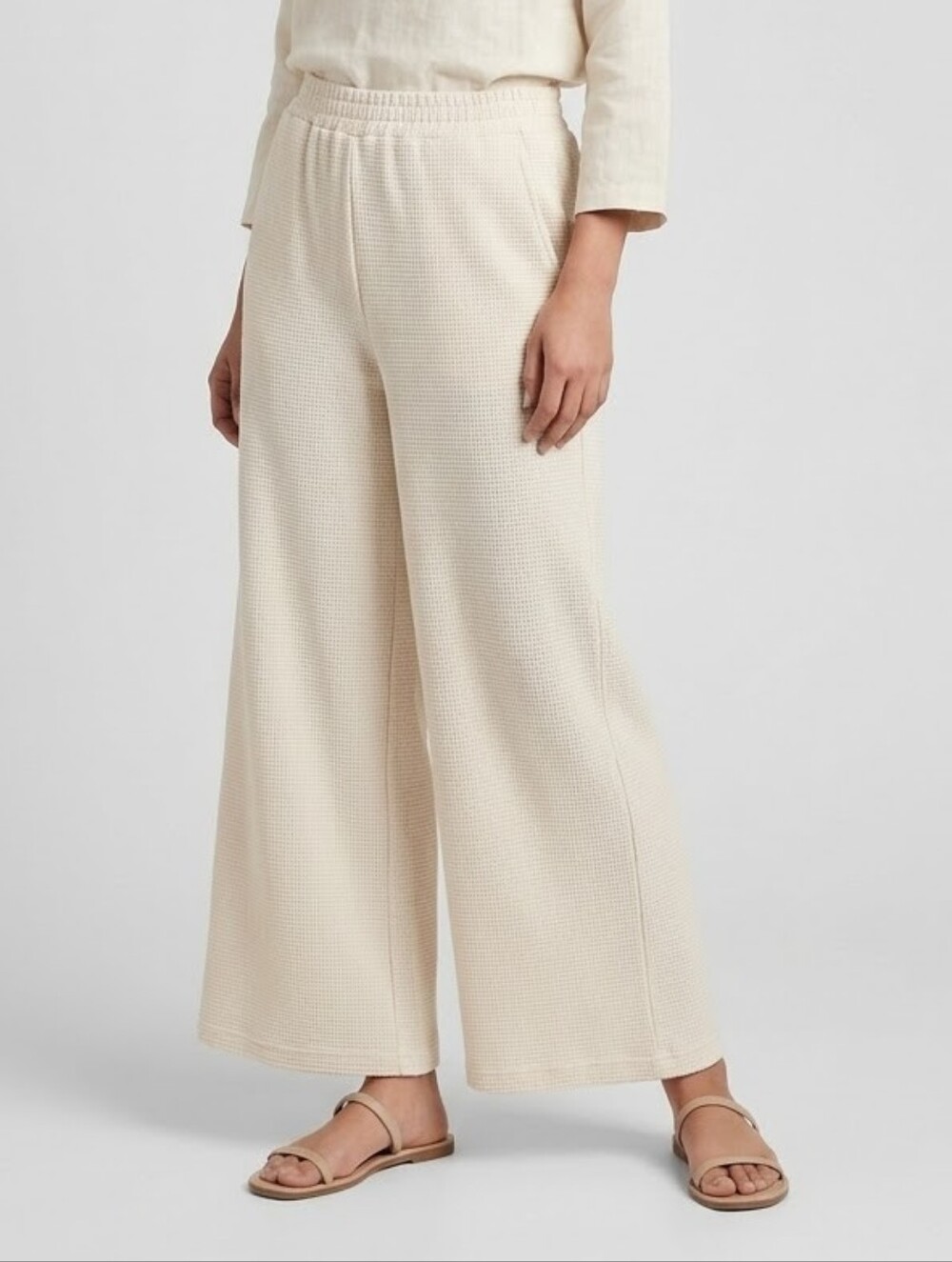 Cream Wide Leg Waffle Knit Lounge Pants, Untagged Fits M